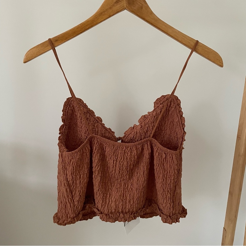 NWT Zara Ruffled Textured Tie Front Tank Top in Brown - M - Picture 7 of 8